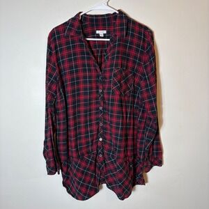 J.‎ Jill Plaid Tunic Top Button Front Shirt Long Sleeve Red Black Large